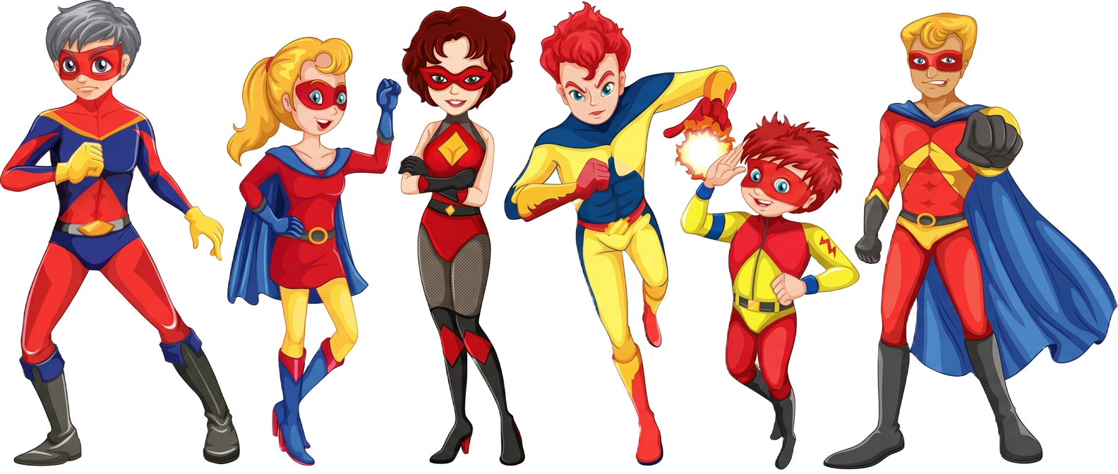 The six SuperheroU superhero characters